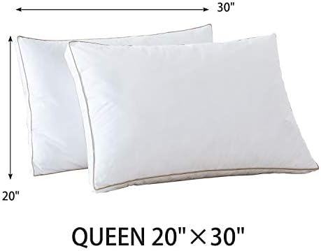 Set of 2 Bed Pillows for Sleeping with 100% Cotton Fabric Cover-Goose Duck Down Feather Filling-Hotel Collection Fluffy Pillows-Set of Two Queen Size