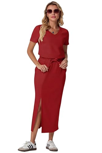 Image of GRECERELLE Women Summer Casual 2 Piece Sets V-Neck Wrinkle-Free Top & Elastic Waist Midi Side Slit Skirt with Pockets