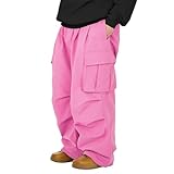 Baggy Cargo Pants Men Wide Casual Parachute Pants Men Jogger Drawstring Hiking Hip Hop Pants with Pocket Pink S