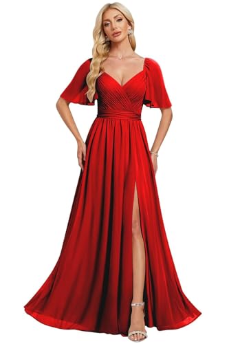 Elegant Chiffon Bridesmaid Dresses 2025 Ruffle Sleeves A-Line Formal Evening Dresses with Slit TM153