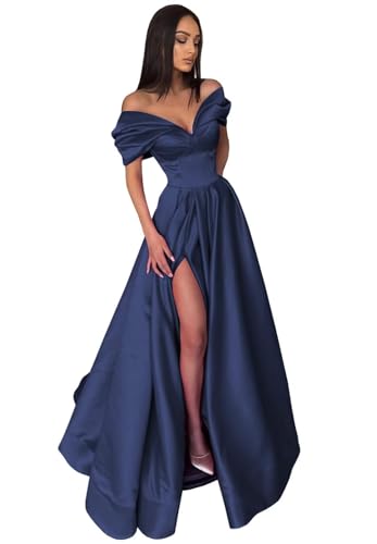 Image of Pleated Off The Shoulder Satin Prom Dresses for Women, Formal Evening Gowns Cocktail Party Dresses with Slit&Pockets