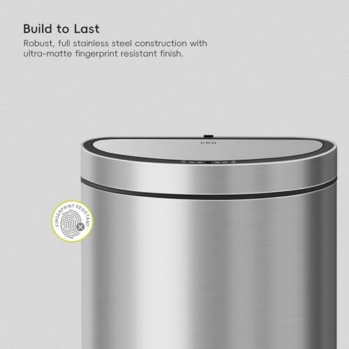 Image of EKO Mirage Semi-Round Motion Sensor Trash Can or Recycling Bin, 47 Liter / 12.4 Gallon Automatic Large Kitchen Trash Can with Deodorizer Compartment, Removable Lid and Bucket, Matte Stainless Steel