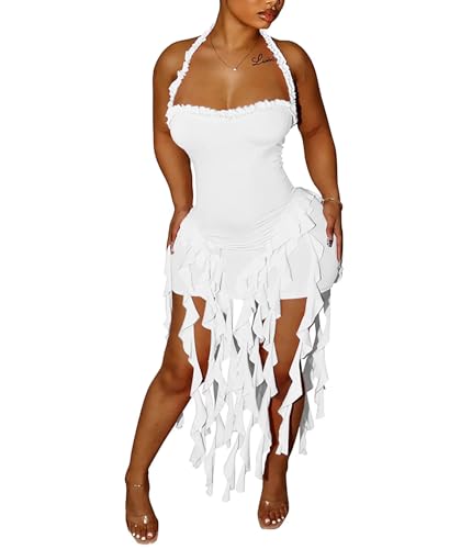 Image of Aro Lora Womens Sexy Halter Neck Sleeveless Ruffle Tassel Party Club Bodycon Mini Dress