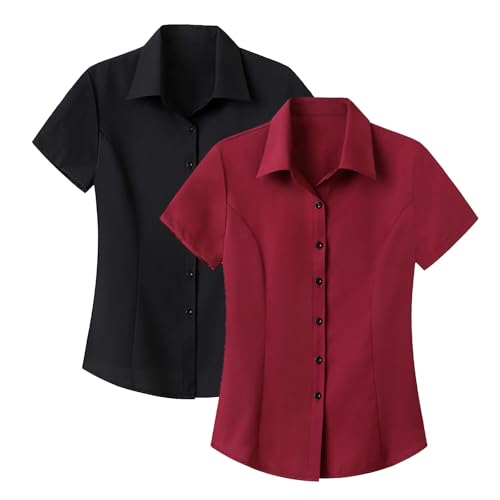 Confezione da 3 camicie da donna eleganti con colletto a bottoni a maniche corte, camicette aderenti da donna casual per ufficio e lavoro, Confezione da due, M Confezione da 3 camicie da donna eleganti con colletto a bottoni a maniche corte, camicette aderenti da donna casual per ufficio e lavoro, Confezione da due, M