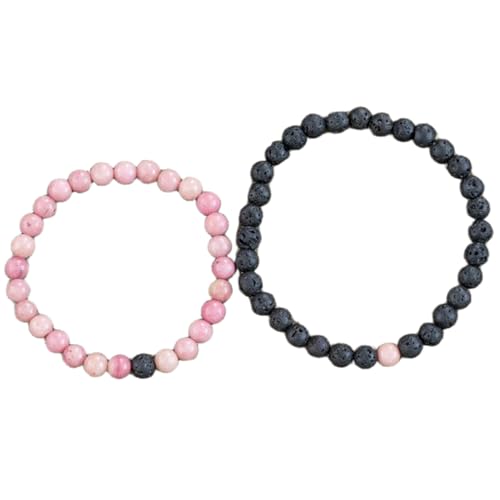 Ensemble de bracelets couples perles de lave noire et rhodochrosite 6mm FIZA_CPL_041
