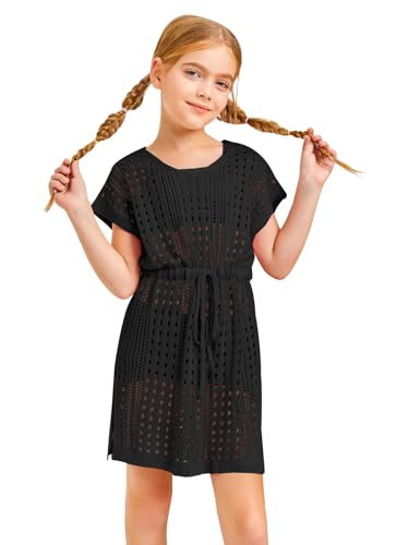 Haloumoning Saída de praia de crochê para meninas, manga curta, vestido longo de praia de 5 a 14 ano