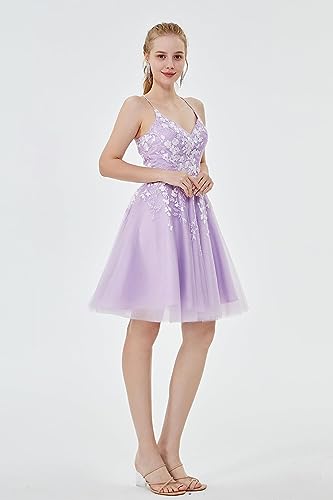 V Neck Spaghetti Straps Homecoming Dresses for Teens Lace Applique Tulle Prom Gown2