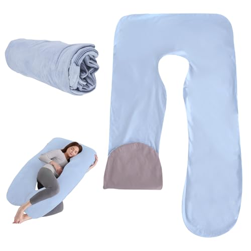 WIYETY Funda de almohada de embarazo, en forma de U, 140 x 80 cm, funda de almohada para dormir de lado, funda de algodón extraíble, funda de repuesto para adultos, color azul