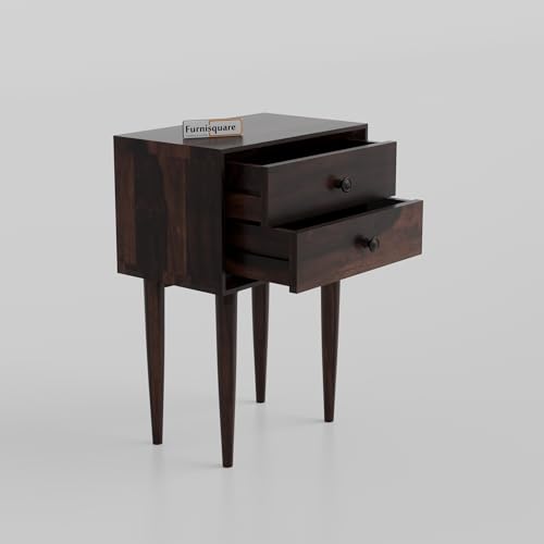 Image of Solid Sheesham Wood Bedside Table for Bedroom | Handmade Pure Wooden Bed Side Nightstand End Table with 2 Drawer Storage for Home & Bed Room | Rosewood, Walnut Finish