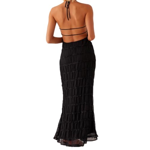 Image of Women Summer Backless Beach Maxi Dress Spaghetti Strap Sleeveless Smocked Tulle Flowy Vacation Long Dress