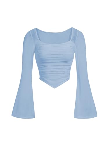 Image of Floerns Girls Bell Long Sleeve Square Neck Asymmetrical Hem Mesh Ruched Crop Tops Tees
