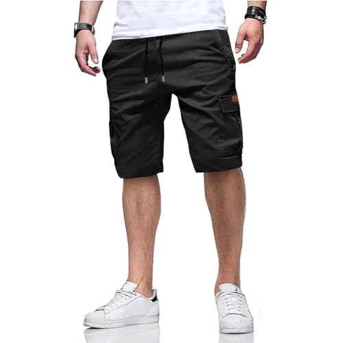 ZOXOZ Short Pantalones Cortos para Hombres Cargo de Verano Chino Pantalones Cortos Cintura Elástica 6 Bolsillos Negro L