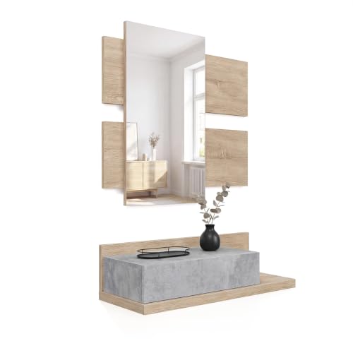 duehome | Recibidor con cajón y Espejo, Mueble de Entrada, Modelo Milo, Acabado en Roble Canadian y Cemento, Medidas: 75 cm (Largo) x 29 cm (Fondo) x 116 cm (Alto)