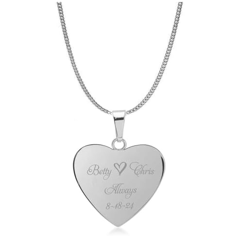 Engraved Silver Stainless Steel Heart Necklace Pendant - Ships from USA
