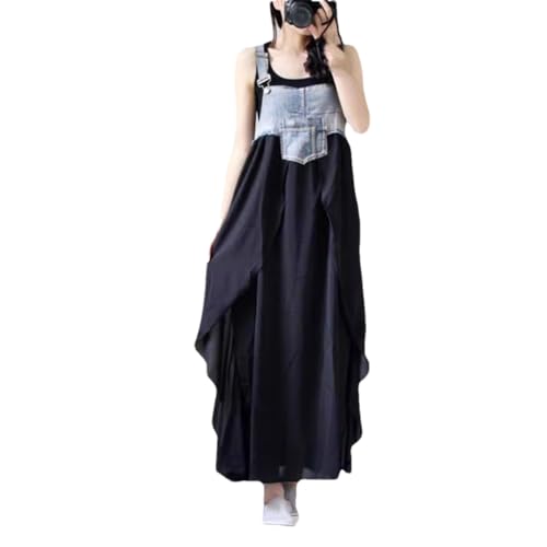 REHJJDFD Women's Ruffled Long Loose Denim Strappy Skirt Big Swing Dresses