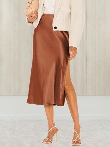 Trend Women's Summer Basic Skirt A-Line Satin Skirt Elegant High Waist Solid Color Slit Elastic for Beach4