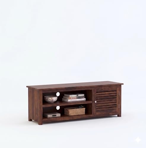 Image of Sheesham Wood TV Unit Cabinet with Shelf Storage for Home Living Room | Wooden Furniture for Office Decor - Walnut