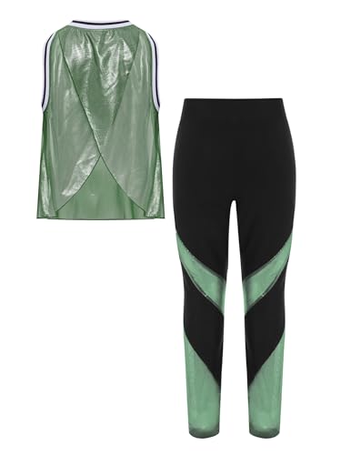 TiaoBug Kids Girls Gymnastics Dance Athletic Outfit Sleeveless Metallic Mesh Tank Top and Leggings Set2