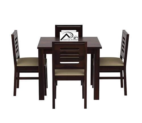 Image of AADITYA WOODS Solid Sheesham Wood 4 Seater Dining Table with Chair Set for Living Room | Wood Dinning | Hotel Restaurant Dining Set | Wooden Dining Room Set- Dark Walnut Finish Color