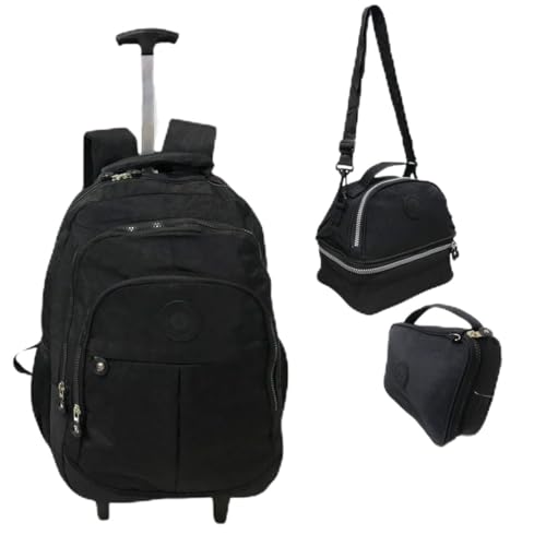 Kit Escolar Completo - Mochila de Rodinhas, Lancheira Térmica e Estojo Espaçoso Juvenil (Preto)