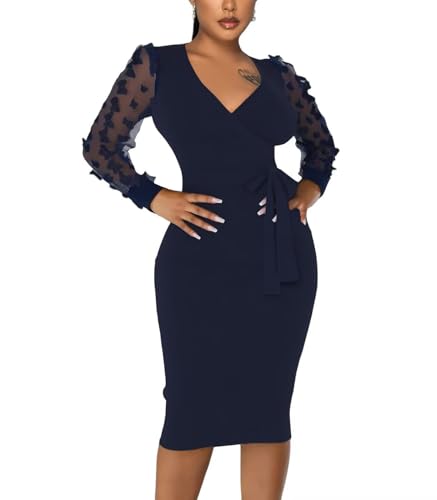 Annystore Midi Dress for Women 2025 Elegant Classy Lace Sheer Sleeve V Neck Wrap Chunch Formal Bodycon Dress