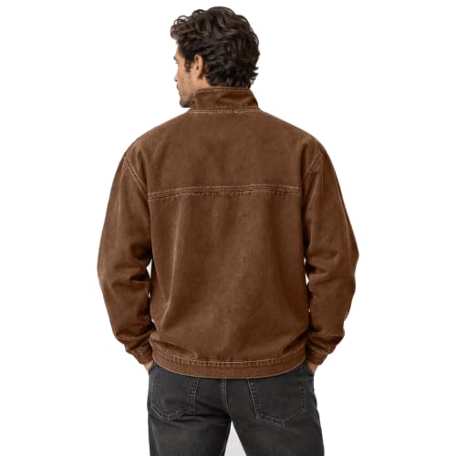 Men's Denim Shirt Washed Retro Quarter Zip Pullover Top with Pockets - image 7
