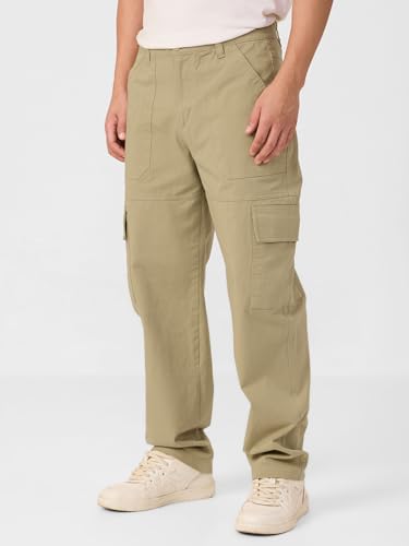 Image of The Souled Store Cargo: Men and Boys Buttoned Waist Solid Cotton Twill Lightweight Stretchable Multi Pocket Everyday Straight Fit Cargo Pants