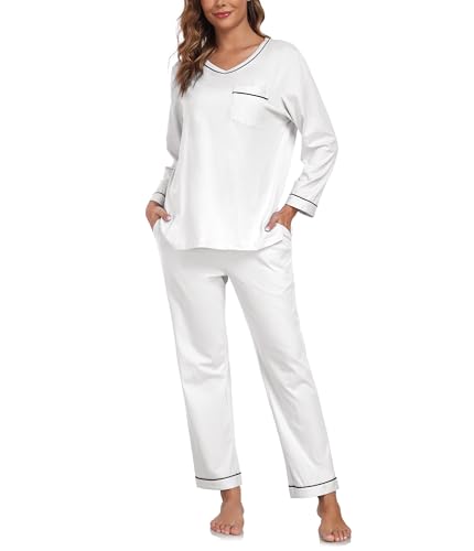 COLORFULLEAF Schlafanzug Damen 100% Baumwolle Lang Pyjama Set...