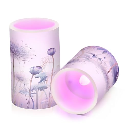 Kigai Dandelion Flowers Flameless Candles with Remote Control and Timer,Battery Operated LED Pillar Candles Adjustable Brightness for Ourdoor Indoor Use,Home Decor,2 Pack