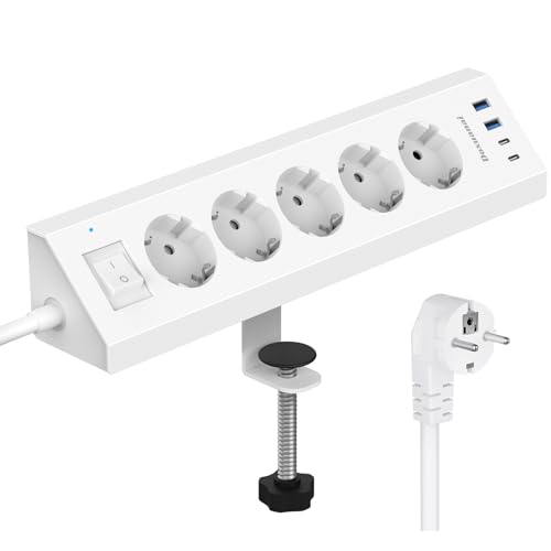 Enchufe de mesa con USB C y abrazadera de mesa, regleta de 3680 W/16 A, regleta de escritorio, 5 enchufes múltiples, 4 USB con interruptor, cable de 2 m, abrazadera C, protección contra sobretensiones