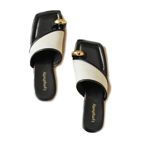 Lymphvity Women's Ring Toe Metal Flat Sandals Summer Slip-on Square Open Toe Non-Slip Beach Flats Slippers