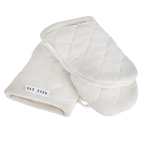 Rae Dunn Quilted Oven Mitt- Set Of Two Cotton Gloves For Cooking, Grilling, Baking, Kitchen Accessories, Cream Potholders, Embroidered Love #TOP4
