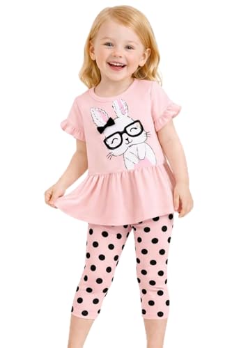 HILEELANG Toddler Little Girls Pink Bunny Graphic Outfit Set Cotton Top and Stretch Capri Pants Spring Summer Clothing Set Sizes 5T