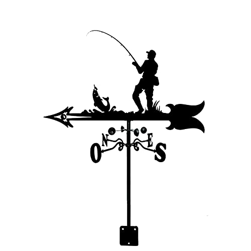 YDoo Fishing Silhouette Weather Vane Metal Weather Vane Ornament Fisherman Art Decor Stainless Steel Durable Measuring Tools Weathercock Direction Indicator for Roof Mount