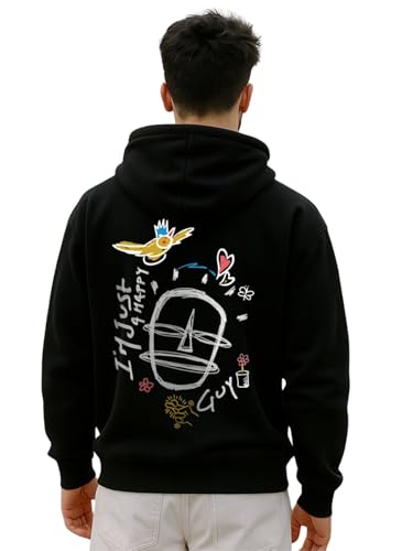 Image of Veirdo Cotton Fleece Regular Fit Hooded Sweatshirt Lastest Back Graphic Printed Winter Hoodies for Men (Available Colors: Marine Green, Marshmellow, Black, SOYA Bean, Orange & Blue)