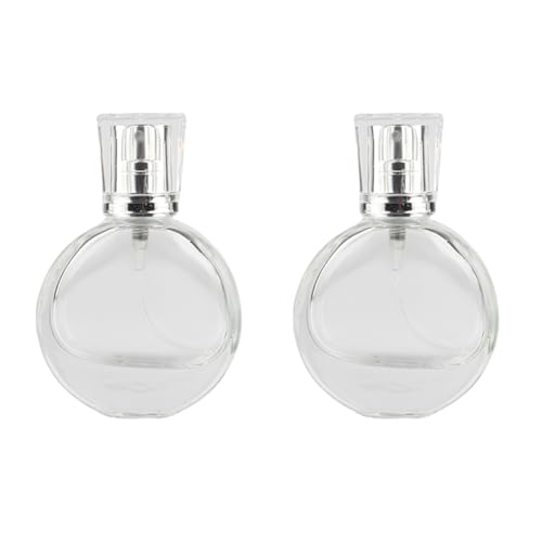 QUUPY 2Pcs 25ML Refillable Glass Perfume Bottles Round Clear Travel Spray Bottles Fine Mist Atomizer for Perfume Cosmetics and Travel Use