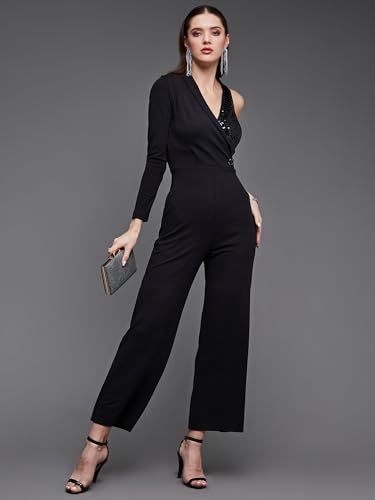 Image of Miss Chase Women's Halter Neck Sleeveless Solid Wide Leg Sequin Paneled Regular Length Jumpsuit