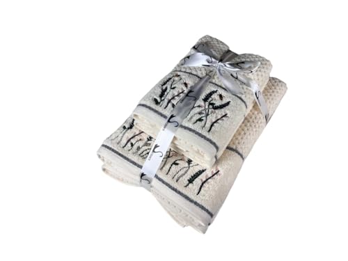 Image of SENSES By Riba Cotton Embroidered Towel Set, 550 GSM Soft & Absorbent, Antimicrobial, Oeko-Tex Certified | Ideal for Home & Gifting, Pack of 4 (2 Bath 27 inchX50 inch + 2 Hand Towels 16 inchX26 inch) - Style 18