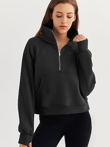 WYNNQUE Womens Quarter Zipper Pullover Oversized Sweatshirts Cropped Fleece Half Zip Hoodies Fall Clothes Sweaters Thumb Hole Black S