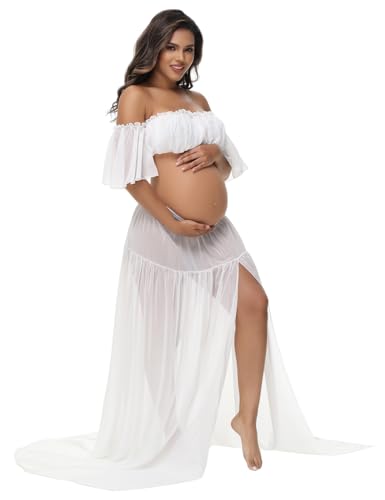 JustVH Maternity 2 Piece Outfits Dress Tube Top Ruffle Sleeves Split Skirt for Photoshoot Baby Shower White