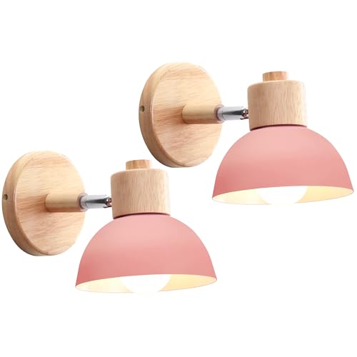 iDEGU 2 Piezas Apliques de Pared Moderno, Lámparas de Pared para Dormitorio Simple E27 Iluminación Interior Luz de Pared en Madera Hierro Ajustable Foco de Pared para Pasillo Salón Cafetería (Rosa)