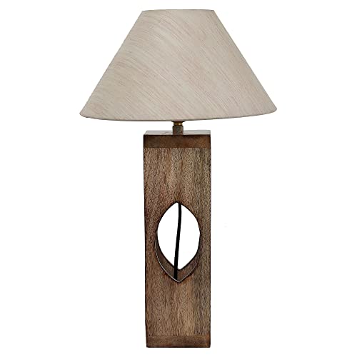 Image of tu casa Handcrafted Mango Wood Table Lamp with Off-White Cotton Shade | Bedside & Study Table Lamp for Bedroom, Living Room, Dining Area & Home Decor | Height 44 cm | Bulb Not Included
