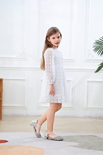 Girls Chiffon Dress Swiss Dot Solid Pom Poms Flutter Ruffle Skirt Hem Long Sleeve Lace Frocks 5-13T Girl Casual Dresses3