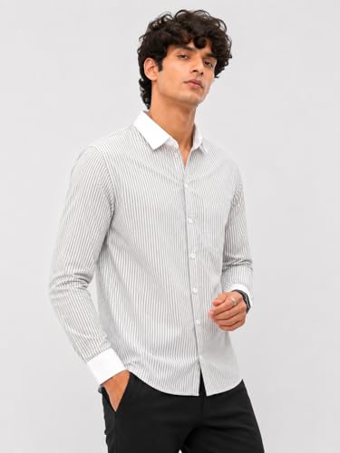 Image of Men's Striped Casual Shirt | White Collar & White Cuff Design | Full Sleeve Cotton Blend Shirt for Men | Slim Fit Stylish Casual Wear