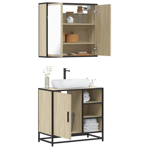 Teenpull Juego de 2 muebles de baño de roble Sonoma, mueble bajo lavabo con armario con espejo, estructura de metal resistente, 65 x 33 x 60 cm, duradero, resistente a la humedad