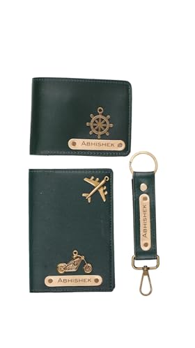 Image of Personalized Wallet, Keychain and Passport Combo | Personalized Wallet Keychain Passport Set with Name Printed Keychains Passports for Men | Customised Gift Set for Men with Name & Charm, Green