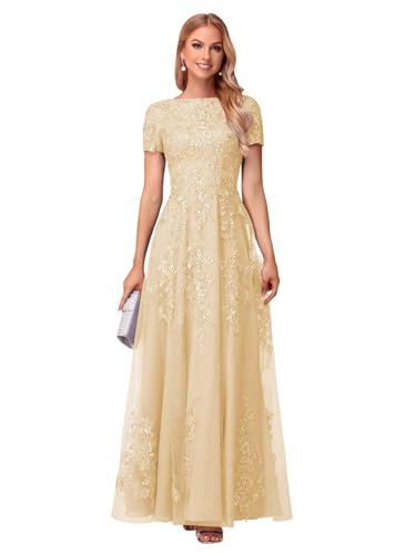 Lace Applique Mother of The Bride Dresses for Wedding Sequin Tulle Lace Crew Neck Wedding Guest Dresses