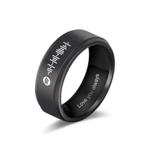 LanM Personalized Promise Rings for Mens Spotify Code Ring Custom Engraved Name Music Song Ring Wedding Band Rings Couples Bands Rings for Men/Women (9), Black
