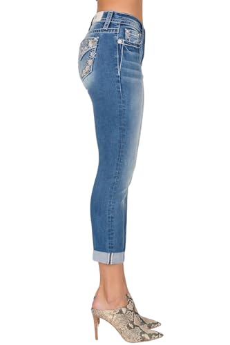 Miss Me Women's Mid Rise Capri Jeans, Faux Flap Pockets with Floral Embroidery, Cropped Stretch Denim Pants3