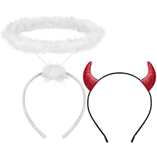 D-Fokes Angel Halo and Devil Horns Headband White Feather Halo Glitter Red Devil Horns Lightweight Comfortable Halloween Costume Accessories for Women Men Adults Cosplay Birthday Party